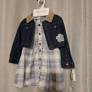 Little Lass Dark Blue Denim Jacket with Plaid Dress Set
